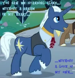 Size: 400x413 | Tagged: safe, derpibooru import, edit, edited screencap, screencap, blue moon (g4), chocolate sun, pony, unicorn, the best night ever, background pony, billie holiday, blue moon, clothes, cropped, frank sinatra, lyrics, male, raised hoof, song reference, stallion, stealth pun, text