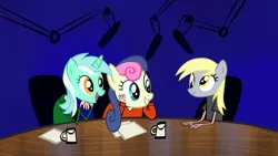 Size: 1344x756 | Tagged: bon bon, cropped, derpibooru import, derpy hooves, head swap, karl pilkington, lyra heartstrings, ricky gervais, ricky gervais show, safe, stephen merchant, sweetie drops, trio