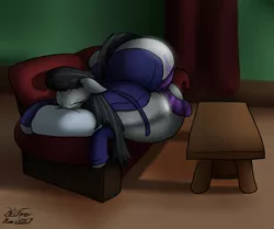 Size: 1775x1485 | Tagged: artist:the-furry-railfan, belly, clothes, coffee table, comfy, couch, curtains, derpibooru import, huge butt, impossibly large belly, impossibly large butt, inflation, large butt, night, octavia melody, pillow, plot, robe, safe, sleeping, socks, socktavia, squishy, striped socks, table, television, the ass was fat, treblebutt