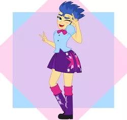 Size: 1900x1800 | Tagged: dead source, safe, artist:mashoart, derpibooru import, flash sentry, twilight sparkle, equestria girls, blushing, clothes swap, crossdressing, flashlight, girly sentry, implied twilight sparkle, makeup, male, one eye closed, peace sign, solo, transgender pride flag, twink, wink
