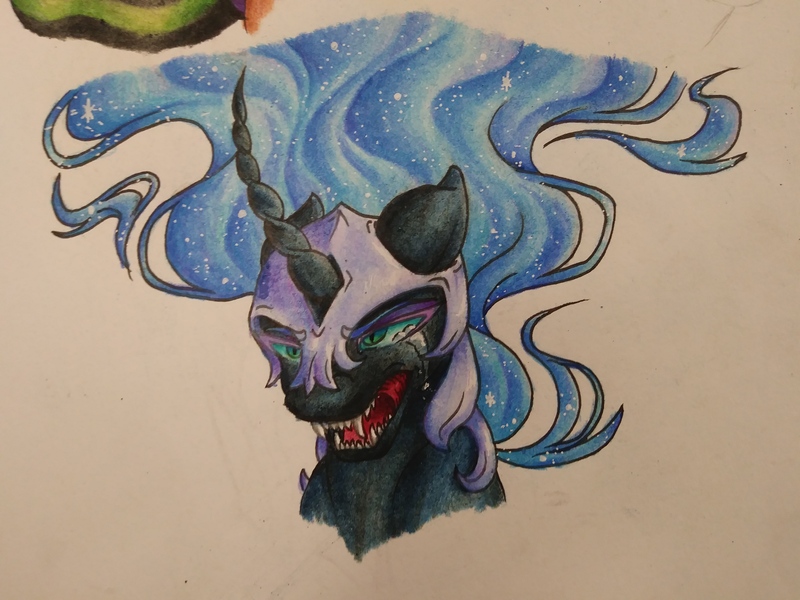 Size: 4160x3120 | Tagged: safe, artist:cloud-dash, derpibooru import, nightmare moon, pony, bust, crying, curved horn, high res, portrait, sharp teeth, solo, teeth, traditional art