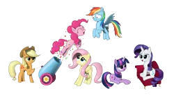 Size: 8000x4500 | Tagged: safe, artist:sheeppony, derpibooru import, applejack, fluttershy, pinkie pie, rainbow dash, rarity, twilight sparkle, twilight sparkle (alicorn), alicorn, pony, absurd resolution, confetti, couch, mane six, party cannon, prone, simple background, transparent background