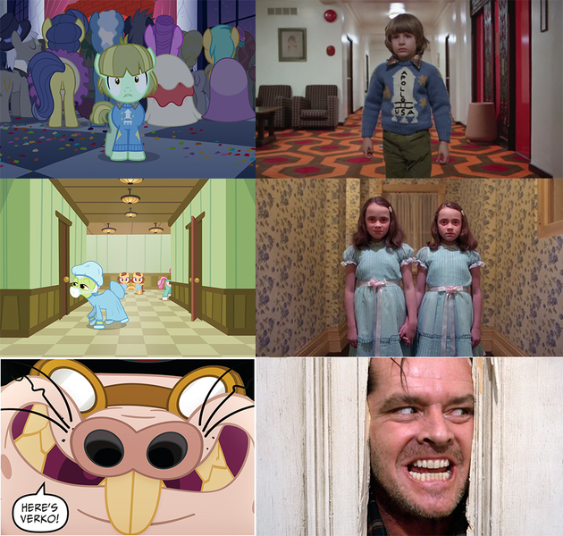 Size: 1000x952 | Tagged: danny torrance, danny trottance, derpibooru import, fridge horror, granny smith, here's johnny, jack nicholson, make new friends but keep discord, my little pony: the movie, my little pony: the movie adaptation, safe, spoiler:my little pony movie adaptation, the grady girls, the shining, verko, where the apple lies