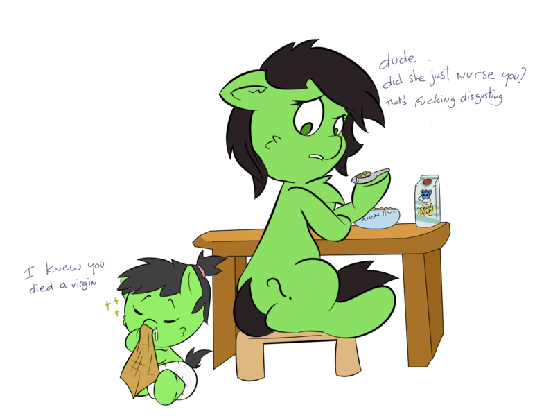 Size: 1585x1212 | Tagged: safe, artist:lazynore, derpibooru import, oc, oc:anonfilly, unofficial characters only, pony, 4chan, baby, baby pony, breakfast, breast milk, cereal, cheek fluff, chest fluff, dialogue, diaper, drool, female, filly, food, hair tie, hoof hold, implied breastfeeding, looking back, milk, milk carton, simple background, sitting, smiling, sparkles, spoon, stool, table, tail between legs, transparent background, underhoof, vulgar, wiping