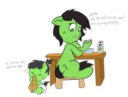 Size: 1585x1212 | Tagged: safe, artist:lazynore, derpibooru import, oc, oc:anonfilly, unofficial characters only, pony, 4chan, baby, baby pony, breakfast, breast milk, cereal, cheek fluff, chest fluff, dialogue, diaper, drool, female, filly, food, hair tie, hoof hold, implied breastfeeding, looking back, milk, milk carton, simple background, sitting, smiling, sparkles, spoon, stool, table, tail between legs, transparent background, underhoof, vulgar, wiping