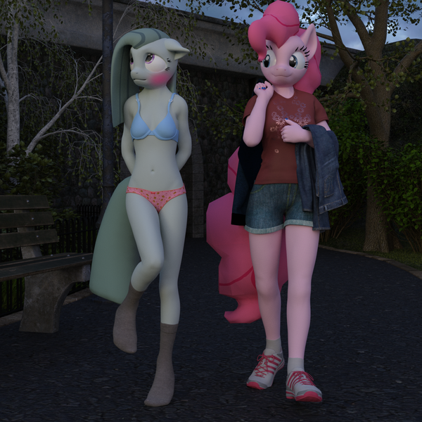 Size: 1500x1500 | Tagged: safe, artist:tahublade7, derpibooru import, marble pie, pinkie pie, anthro, earth pony, plantigrade anthro, 3d, belly button, blue underwear, blushing, bra, breasts, clothes, daz studio, duo, embarrassed, embarrassed underwear exposure, female, floppy ears, humiliation, mare, nail polish, panties, pants, pink underwear, shirt, shoes, shorts, sisters, sneakers, socks, source filmmaker, story included, tree, twins, underwear