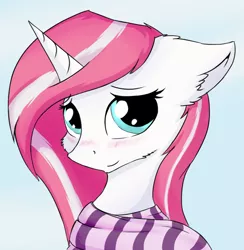 Size: 856x878 | Tagged: safe, artist:wolfypon, derpibooru import, oc, oc:aether wake, unofficial characters only, unicorn, blushing, bust, candy cane mane, clothes, cute, female, floppy ears, looking at you, mare, portrait, scarf, smiling