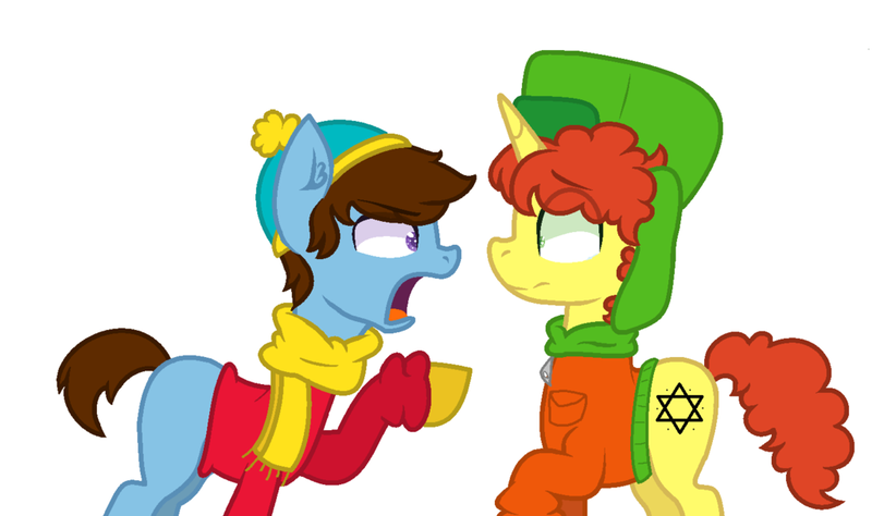 Size: 1024x607 | Tagged: safe, artist:sindysarts, derpibooru import, ponified, pony, blank flank, clothes, duo, eric cartman, hat, hebrew, kyle broflovski, rude, scarf, south park