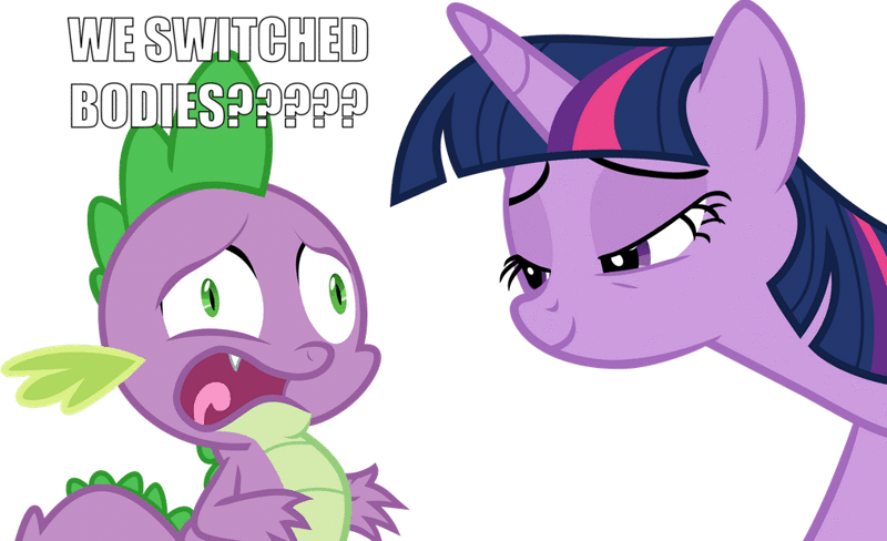 Size: 1014x619 | Tagged: alicorn, artist:frownfactory, body swap, derpibooru import, dragon, edit, faic, female, image macro, lidded eyes, male, mare, meme, open mouth, out of context, panic, safe, simple background, smiling, spike, text, triple threat, twilight sparkle, twilight sparkle (alicorn), vector, white background