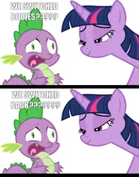 Size: 1012x1288 | Tagged: alicorn, artist:frownfactory, body swap, derpibooru import, dragon, edit, faic, female, image macro, lidded eyes, male, mare, meme, open mouth, out of context, panic, safe, simple background, smiling, spike, text, triple threat, twilight sparkle, twilight sparkle (alicorn), vector, white background