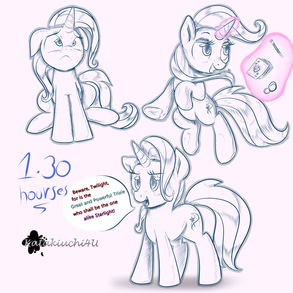 Size: 3000x3000 | Tagged: safe, artist:katakiuchi4u, derpibooru import, trixie, pony, unicorn, card, female, happy, magic, magic wand, mare, sad, solo, speech bubble