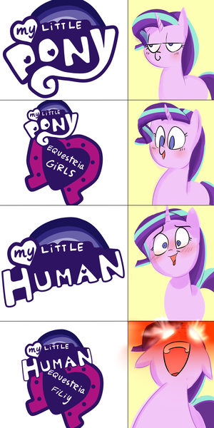 Size: 1500x3000 | Tagged: safe, artist:zouyugi, derpibooru import, edit, starlight glimmer, pony, unicorn, equestria girls, :t, blushing, comic, cute, equestria girls logo, exploitable meme, faic, fangirl, female, glimmerbetes, glowing eyes, glowing eyes meme, happy, humie, in-universe pegasister, lidded eyes, logo, logo edit, mare, meme, misspelling, my little human, my little pony logo, my little x, open mouth, red eyes, role reversal, satisfying, simple background, smiling, smirk, solo, wat, wide eyes