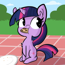 Size: 1650x1650 | Tagged: safe, artist:tjpones, derpibooru import, twilight sparkle, pony, unicorn, the tiny apprentice, :t, animated, chest fluff, cookie, cute, female, filly, filly twilight sparkle, food, gif, mouth hold, nom, picnic, pure unfiltered evil, shifty eyes, sitting, solo, twiabetes, twilight stealing a cookie, unicorn twilight, wide eyes, younger