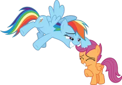 Size: 9192x6400 | Tagged: safe, artist:parclytaxel, derpibooru import, rainbow dash, scootaloo, pegasus, pony, campfire tales, .svg available, absurd resolution, female, filly, flying, gritted teeth, happy, mare, noogie, scootalove, simple background, smiling, transparent background, vector