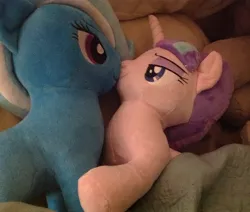 Size: 2164x1835 | Tagged: safe, artist:grapefruitface1, derpibooru import, starlight glimmer, trixie, bed, blanket, cute, duo, duo female, female, irl, lesbian, merchandise, photo, plushie, shipping, startrix, toy