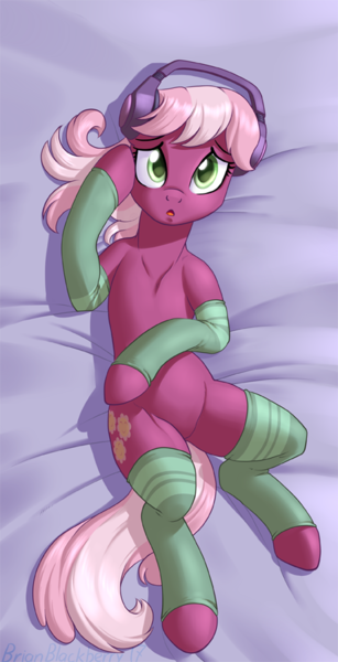 Size: 449x878 | Tagged: safe, artist:brianblackberry, derpibooru import, cheerilee, earth pony, pony, bed, clothes, female, headphones, looking at you, lying down, mare, on back, on bed, socks, solo