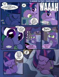 Size: 1275x1650 | Tagged: safe, artist:dsana, derpibooru import, spike, twilight sparkle, alicorn, dragon, pony, comic:a moment in time, baby, baby spike, comic, crying, cute, daaaaaaaaaaaw, dsana is trying to murder us, female, heart, hnnng, hug, mama twilight, mare, sleeping, spikabetes, spikelove, time travel, twiabetes, weapons-grade cute, z