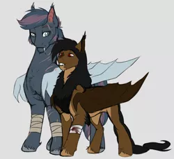 Size: 3018x2767 | Tagged: safe, artist:theecchiqueen, deleted from derpibooru, derpibooru import, oc, oc:octavus, oc:orpheus, unofficial characters only, bat pony, bandage, bat pony oc, couple, fangs, gay, male, oc x oc, scar, shipping, simple background, size difference, smiling, stallion