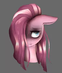 Size: 1024x1214 | Tagged: semi-grimdark, artist:posionjoke, derpibooru import, pinkie pie, earth pony, pony, blood, bust, female, floppy ears, gray background, hair over one eye, nosebleed, pinkamena diane pie, portrait, simple background, solo