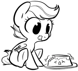 Size: 426x386 | Tagged: safe, artist:briskby, derpibooru import, scootaloo, pegasus, pony, cute, cutealoo, female, filly, flan, food, licking, licking lips, monochrome, pudding, sitting, solo, tongue out