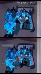 Size: 1280x2293 | Tagged: safe, artist:magnaluna, derpibooru import, princess luna, alicorn, blushing, column, comic, crown, cute, dialogue, female, jewelry, luna-darkesthours, lunabetes, mare, mirror, open mouth, regalia, smiling, solo, stats, talking