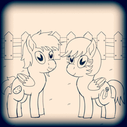 Size: 1000x1000 | Tagged: safe, artist:toyminator900, derpibooru import, oc, oc:chip, oc:melody notes, unofficial characters only, pegasus, pony, 1930s, animated, cartoon, cutie mark, duo, facial hair, fence, folded wings, smiling, stomping