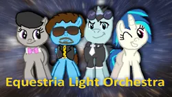 Size: 1920x1080 | Tagged: safe, artist:grapefruitface1, derpibooru import, neon lights, octavia melody, rising star, vinyl scratch, oc, ponified, ponified:jeff lynne, pony, band, clothes, complex background, electric light orchestra, equestria light orchestra, facial hair, group, jeff lynne, music, one eye closed, smiling, space, stars, suit, wallpaper, wink