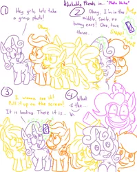 Size: 4779x6013 | Tagged: safe, artist:adorkabletwilightandfriends, derpibooru import, apple bloom, pinkie pie, scootaloo, sweetie belle, pony, comic:adorkable twilight and friends, absurd resolution, adoracreepy, adorkable friends, comic, creepy, cute, cutie mark crusaders, female, filly, group, group photo, humor, lineart, mobile phone, phone, photobomb, selfie, slice of life, smartphone