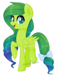 Size: 1024x1393 | Tagged: safe, artist:talentspark, derpibooru import, oc, oc:talent spark, unofficial characters only, pegasus, pony, bow, female, green coat, mare, multicolored hair, multicolored mane, multicolored tail, signature, simple background, solo, tail bow, transparent background