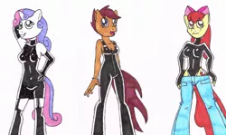 Size: 1280x765 | Tagged: suggestive, artist:shennanigma, derpibooru import, apple bloom, scootaloo, sweetie belle, anthro, earth pony, pegasus, unguligrade anthro, unicorn, alternate cutie mark, boots, bracelet, breasts, clothes, cutie mark crusaders, evening gloves, female, females only, fingerless gloves, garters, gloves, halter, image, jeans, jewelry, jpeg, latex, latex dress, latex leotard, latex suit, latex under clothes, leotard, long gloves, older, pants, shoes, simple background, thigh boots, traditional art, trio female, white background