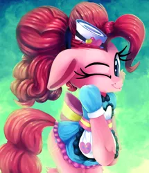 Size: 2000x2324 | Tagged: safe, artist:discorded, derpibooru import, pinkie pie, ponified, earth pony, pony, coinky-dink world, eqg summertime shorts, bow, cheek fluff, clothes, cute, diapinkes, dress, equestria girls outfit, equestria girls ponified, female, floppy ears, leg fluff, mare, one eye closed, skirt, skirt lift, solo, waitress, wink