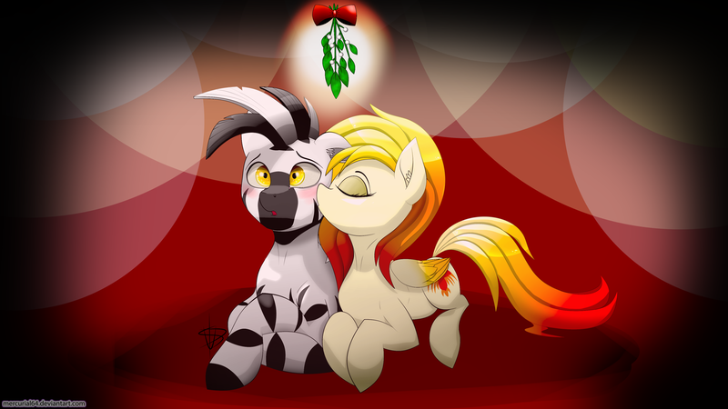 Size: 3840x2160 | Tagged: safe, artist:mercurial64, derpibooru import, oc, oc:hotfix, oc:mora, oc:wolvan, oc:ziggy, unofficial characters only, pegasus, pony, zebra, blushing, eyes closed, kissing, mistletoe, oc x oc, shipping, simple background, zebra oc