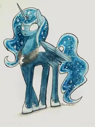 Size: 600x799 | Tagged: safe, artist:penny-wren, derpibooru import, princess luna, alicorn, pony, glowing eyes, solo, traditional art, watercolor painting