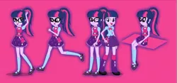 Size: 2088x980 | Tagged: safe, artist:eduardonunes109, derpibooru import, sci-twi, twilight sparkle, twilight sparkle (alicorn), equestria girls, bowtie, clothes, glasses, leg warmers, mary janes, multeity, one eye closed, self paradox, shoes, twolight, wink