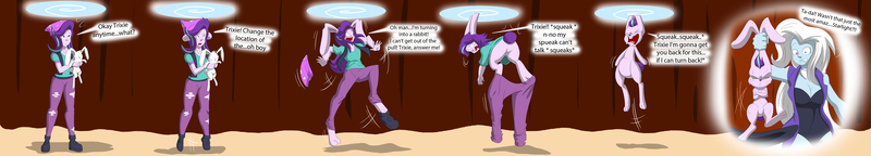 Size: 5572x1000 | Tagged: safe, artist:tfsubmissions, derpibooru import, starlight glimmer, trixie, rabbit, equestria girls, beanie, bunnified, bunny out of the hat, clothes, comic, dialogue, hat, leotard, magic trick, open mouth, pants, portal, shirt, species swap, speech bubble, speech change, top hat, transformation, transformation sequence, unamused, vest