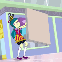 Size: 900x900 | Tagged: safe, derpibooru import, screencap, juniper montage, equestria girls, mirror magic, spoiler:eqg specials, angry, animated, bracelet, clothes, gif, glasses, hat, jewelry, loop, pigtails, shoes, skirt, socks, solo, usherette
