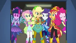 Size: 1280x720 | Tagged: safe, derpibooru import, screencap, applejack, fluttershy, pinkie pie, rarity, sci-twi, sunset shimmer, twilight sparkle, equestria girls, equestria girls series, super squad goals, clothes, crystal guardian, crystal wings, museum, super ponied up, visor, wings