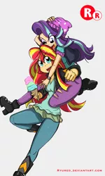Size: 1500x2500 | Tagged: safe, artist:ryured, derpibooru import, starlight glimmer, sunset shimmer, equestria girls, clothes, food, happy, horseplay, human coloration, ice cream, open mouth, piggyback ride, simple background, smiling, white background