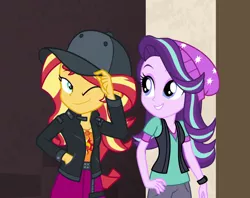 Size: 832x658 | Tagged: safe, artist:3d4d, artist:aqua-pony, derpibooru import, edit, edited screencap, screencap, starlight glimmer, sunset shimmer, display of affection, equestria girls, equestria girls series, mirror magic, spoiler:eqg specials, beanie, cap, clothes, geode of empathy, hat, magical geodes, one eye closed, smiling, wink