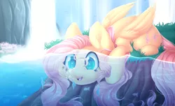 Size: 3900x2378 | Tagged: safe, artist:scarlet-spectrum, derpibooru import, fluttershy, fish, pegasus, pony, blowing bubbles, bubble, cute, female, folded wings, grass, mare, open mouth, pond, prone, scenery, shyabetes, solo, thick, underwater, water, waterfall, watershy, wings