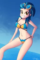 Size: 845x1267 | Tagged: suggestive, artist:zelc-face, derpibooru import, indigo zap, equestria girls, friendship games, alternative cutie mark placement, armpits, beach, beach babe, bikini, bikini babe, blue swimsuit, breasts, busty indigo zap, cleavage, clothes, crotchmark, female, looking at you, multi-strap swimsuit, ocean, sexy, solo, solo female, swimsuit, tricolor swimsuit, yellow swimsuit, zelc-face's swimsuits