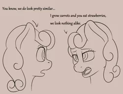 Size: 3348x2545 | Tagged: safe, artist:nudeknightart, derpibooru import, carrot top, golden harvest, strawberry sunrise, earth pony, pegasus, pony, brown background, bust, dialogue, female, mare, monochrome, similarities, simple background