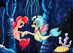 Size: 1154x842 | Tagged: artist:kittyhawk-contrail, bubble, coral, derpibooru import, female, flower, flower in hair, freckles, looking at each other, my little pony: the movie, open mouth, pinkie pie, princess skystar, safe, seaponified, seapony (g4), seaquestria, seashell, smiling, species swap, traditional art, underwater, water