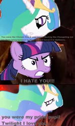 Size: 800x1344 | Tagged: safe, artist:brandonale, derpibooru import, edit, princess celestia, twilight sparkle, alicorn, 1000 years in photoshop, 2005, anakin skywalker, angry, comic, crossover, dialogue, doom the movie, misspelling, needs more jpeg, obi wan kenobi, revenge of the sith, star wars, this will end in incineration, twilight is anakin, twilight sparkle (alicorn)