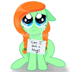 Size: 1024x1025 | Tagged: safe, artist:mobubbles, derpibooru import, oc, oc:spring leap, unofficial characters only, earth pony, pony, blue eyes, braid, crying, cute, female, filly, food, green pony, hug, hug request, orange, question, sad, shadow, sign, symbol, watermark