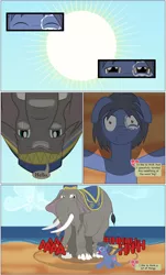 Size: 2000x3301 | Tagged: safe, artist:mlp-silver-quill, derpibooru import, oc, oc:clutterstep, oc:imani, unofficial characters only, earth pony, elephant, pony, comic:imani, beach, comic, ocean, panic, running, screaming, shadow, shadows, sun, trench, water