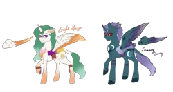 Size: 1025x548 | Tagged: safe, artist:crystalartmlp, derpibooru import, oc, oc:bright horizon, oc:dreaming scourge, unofficial characters only, changepony, hybrid, pony, contest entry, duo, female, male, mare, next generation, offspring, parent:pharynx, parent:princess celestia, parent:princess luna, parent:thorax, parents:lunarynx, parents:thoralestia, simple background, stallion, transparent background