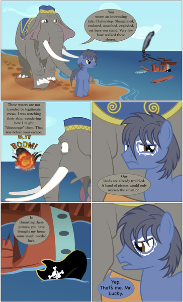 Size: 2000x3301 | Tagged: artist:mlp-silver-quill, beach, comic:imani, derpibooru import, elephant, explosion, hat, mr. lucky, oc, oc:clutterstep, ocean, oc:imani, pirate hat, sad, safe, surprised, unofficial characters only, water