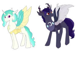 Size: 4608x3456 | Tagged: safe, artist:dreamcloudadopts, derpibooru import, oc, unofficial characters only, changepony, hybrid, pony, contest entry, duo, female, high res, male, mare, next generation, offspring, parent:pharynx, parent:princess celestia, parent:princess luna, parent:thorax, parents:lunarynx, parents:thoralestia, simple background, stallion, transparent background
