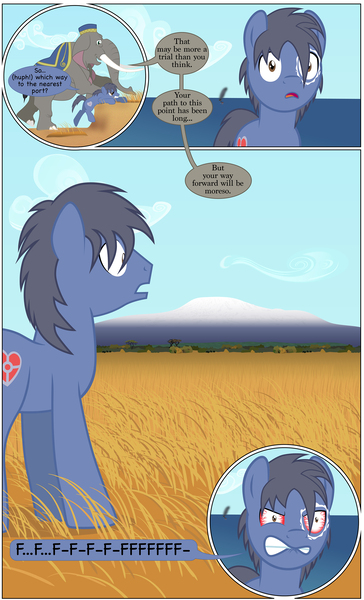 Size: 2000x3301 | Tagged: artist:mlp-silver-quill, beach, bloodshot eyes, climbing, comic:imani, derpibooru import, elephant, f-bomb incoming!, lip bite, mountain, oc, oc:clutterstep, ocean, oc:imani, red eyes, safe, savanna, unofficial characters only